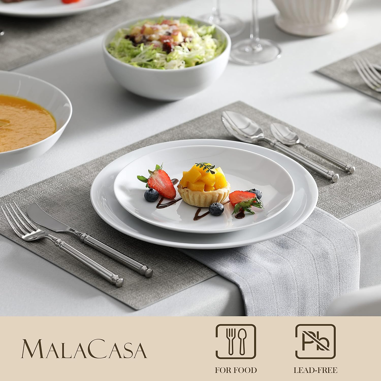 MALACASA Vajillas Completas Modernas 24 Piezas, Juego de Porcelana Gourmet para 6 Personas Con 6 platos hondos, 6 llanos, 6 de postre y 6 Cuencos, Serie AMELIA - Imagen 2