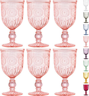 Yungala Copas de vino rosa, juego de 6 copas rosas hechas a mano con vidrio rosa (no pintado ni recubierto) asegurando que tu cristalería sea apta para lavavajillas y el color no se pele ni se astille
