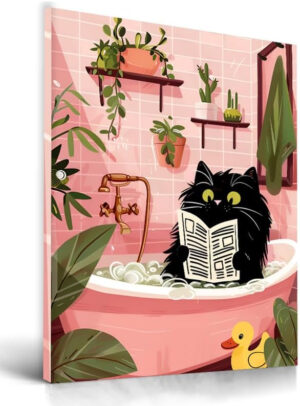 UPWOIGH Decoración de pared de baño, gato negro leyendo el periódico, lienzo enmarcado de madera impermeable, impresiones abstractas de animales, imágenes de gama alta de 12 x 16 pulgadas para