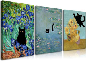 Monet – Juego de 3 cuadros artísticos para pared, diseño de gato en nenúfares de agua, imágenes estéticas de gato de girasol de Van Gogh, para habitación, dormitorio, sala de estar, baño, 16 x 24