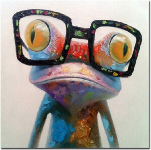Fokenzary - Pintura al óleo hecha a mano, diseño de rana con gafas sobre lienzo estirado y enmarcado, listo para colgar, lona, 40x40in
