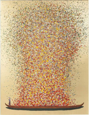 Kare Design cuadro Touched Flower Boat Oro/Rojo, colores pastel, mural colorido, lienzo, marco de madera maciza, detalles pintados a mano con pintura acrílica, abstracto, 100x80x4 cm (A/A/P), 100x80cm
