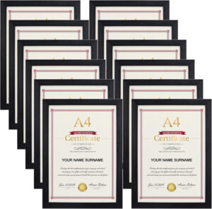 Giftgarden Juego de 12 Marcos de Fotos A4, Marcos para Cuadros con Textura de Madera Negro Ideal para Fotos, Pósters y Certificados, para Colgar en la Pared o Colocar Sobre una Mesa