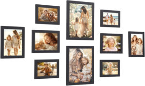 SONGMICS Marcos de fotos, Juego de 10, Dos de 20 x 25 cm, Cuatro de 13 x 18 cm, Cuatro de 10 x 15 cm, PS y MDF, Protección de Plástico, Negro Tinta RPF310H