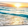 Lienzo de pared con diseño de playa azul, amanecer y olas de mar blancas, arte moderno con marco de paisaje costero, impresiones de paisaje costero con vistas al mar, obra de arte para decoración de