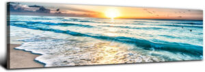 Lienzo de pared con diseño de playa azul, amanecer y olas de mar blancas, arte moderno con marco de paisaje costero, impresiones de paisaje costero con vistas al mar, obra de arte para decoración de