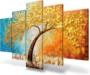 Pinturas artísticas de pared grandes para dormitorio, árbol, decoración de pared de flores doradas en 3D, lienzo texturizado, moderno, abstracto, decoración del hogar para sala de estar, cocina,