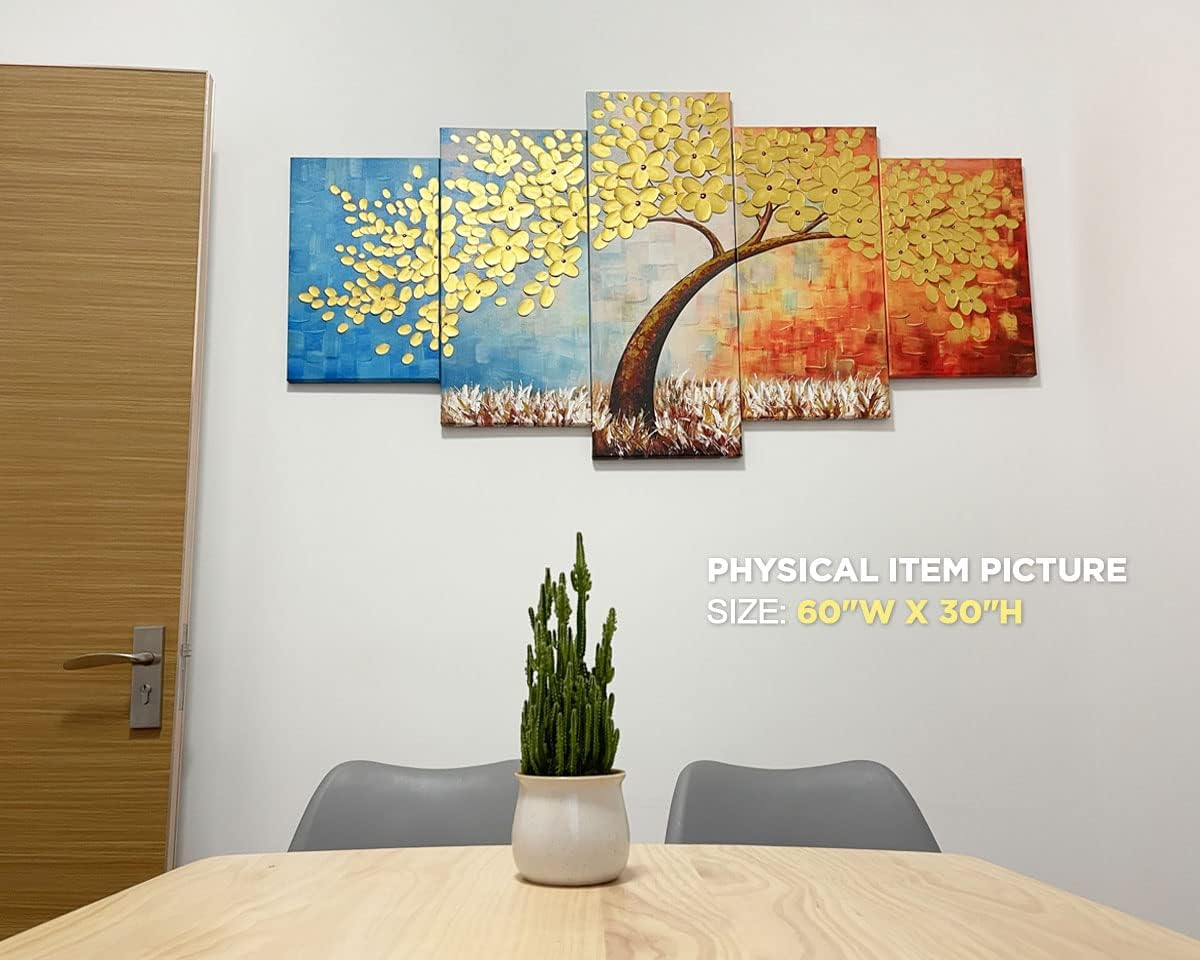 Pinturas artísticas de pared grandes para dormitorio, árbol, decoración de pared de flores doradas en 3D, lienzo texturizado, moderno, abstracto, decoración del hogar para sala de estar, cocina, - Imagen 2