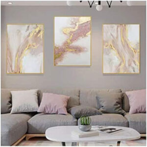 Mingdian Art Lienzo enmarcado de 3 piezas para pared, pintura abstracta de oro rosa, forma de flujo de agua, decoración moderna para el hogar, listo para colgar, 61 x 122 cm