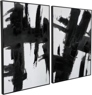 Lienzo abstracto en blanco y negro para pared, juego de 2 piezas de 61 x 91 cm, enmarcadas a mano, geométricas, perfectas para decoración elegante de sala de estar u oficina
