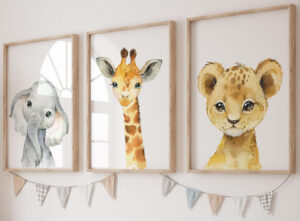 Eviepops Prints Animales del Safari Set de 3 Láminas Sin Marco para Habitación de Niño o Niña, Pósters de Arte de Pared para Decoración de Dormitorio, Elefante Jirafa León (A4)