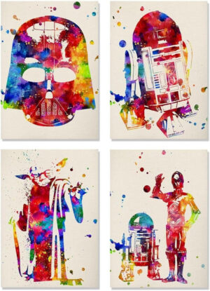 Nacnic Set de 4 láminas para marcar Star Wars Estilo Acuarela. Carteles con imágenes de la Guerra de Las Galaxias. Decoración del hogar. Papel 250 Gramos Llena de Estilo tu casa- A4 Sin Marcos