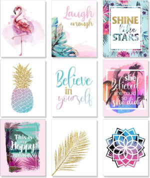 Outus Set de 9 Arte de Pared de Habitación con Estampados Inspiradores Carteles de Frases Motivacionales de Hoja Piña Flamenco Decoraciones para Hogar de Dormitorio de Niñas sin Marco