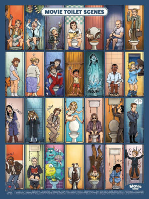 Mr. Troove – Póster de escenas de baño de películas – 30,5 x 40,6 cm – Adivina las películas en la imagen: edición WC – Arte de pared de baño para amantes del cine – Idea de regalo divertida