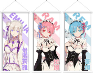 Yuedevil Emilia & Ram & Rem - Póster de pergamino de anime japonés, 3 piezas, arte de pared de manga de anime japonés, lienzo de alta calidad, decoración de dormitorio