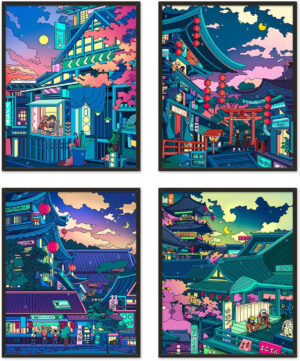 DALIHEBO Póster de anime japonés para decoración de pared, escena nocturna de neón, juego de 4 (8 x 10 pulgadas, sin marco)