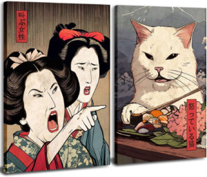 Divertido juego de 2 lienzos de decoración japonesa para pared, póster de mujer gritando a gato, arte de pared vintage de anime para sala de estar, comedor, cocina, decoración del hogar, marco de 12 x