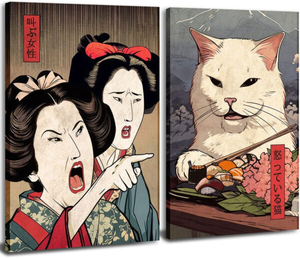 Divertido juego de 2 lienzos de decoración japonesa para pared, póster de mujer gritando a gato, arte de pared vintage de anime para sala de estar, comedor, cocina, decoración del hogar, marco de 12 x