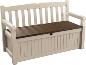 Keter Eden – Banco arcón Exterior, Baúl almacenaje, Capacidad 265L, Resina, Color Beige, 140 x 60 x 84 cm