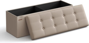 SONGMICS Puff Almacenaje, Baúl de Almacenaje Plegable, 38 x 110 x 38 cm, Taburete Reposapiés, Banco de Cubo, Soporta hasta 300 kg, para Sala de Estar, Dormitorio, Entrada, Marrón Camello LSF070K03