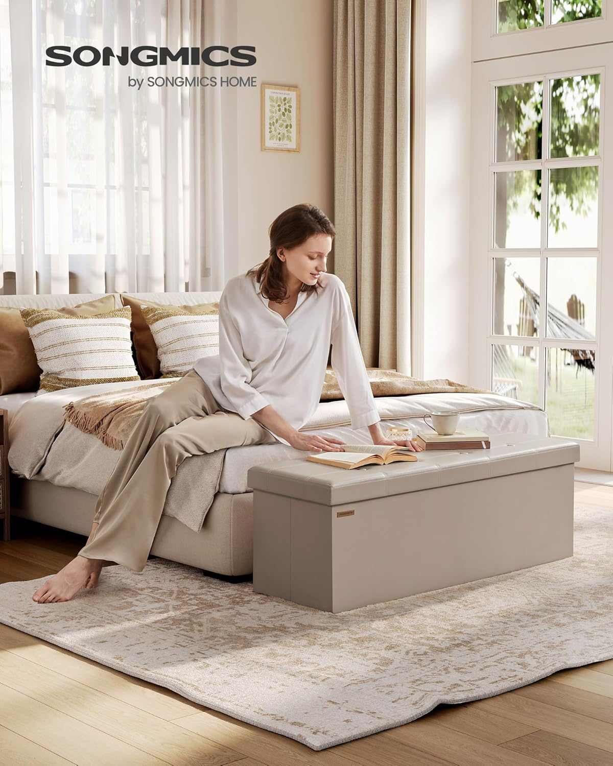 SONGMICS Puff Almacenaje, Baúl de Almacenaje Plegable, 38 x 110 x 38 cm, Taburete Reposapiés, Banco de Cubo, Soporta hasta 300 kg, para Sala de Estar, Dormitorio, Entrada, Marrón Camello LSF070K03 - Imagen 2