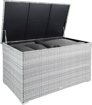 TecTake Baúl de Almacenaje Exterior con 750 l de Capacidad, Arcón Exterior Atemporal de Poli ratán Resistente con Forro Interior Extraíble, Cofre para Jardín Exterior o Terraza - Gris Claro