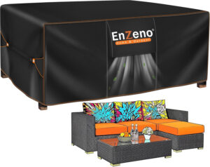 Enzeno Funda Mesa Exterior Impermeable,Funda Muebles Exterior Impermeable 200x150x74cm,Funda Conjunto Jardin Exterior Aplicable a Mesa y Sillas,Anti Viento, Anti UV