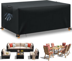 WUAYAMI Funda para Muebles de Jardín Exterior, Funda Mesa Exterior Impermeable, Tela Oxford 420D, Anti Viento, Anti UV Funda Protectora Mesa Exterior con Salidas de Aire,Negro, 125x63x74 cm