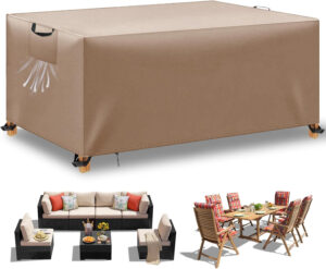 WUAYAMI Funda para Muebles de Jardín Exterior, Funda Mesa Exterior Impermeable, Tela Oxford 420D, Anti Viento, Anti UV Funda Protectora Mesa Exterior con Salidas de Aire,Caqui, 170x94x71 cm