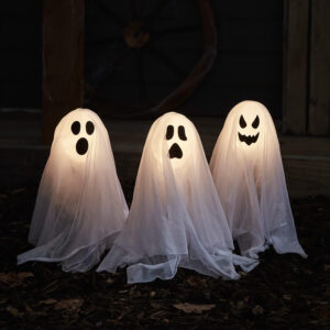 Lights4fun Set of 3 Ghost Stakes with Battery-Operated Warm White LED for Outdoor Use