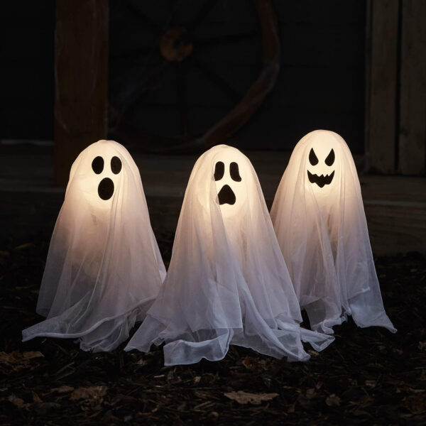 Lights4fun Set of 3 Ghost Stakes with Battery-Operated Warm White LED for Outdoor Use