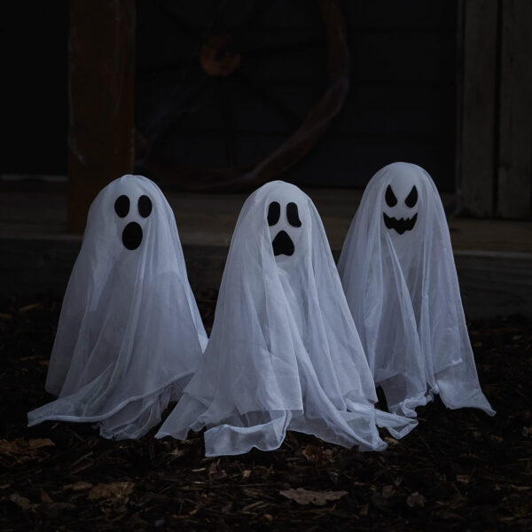 Lights4fun Set of 3 Ghost Stakes with Battery-Operated Warm White LED for Outdoor Use - Image 5