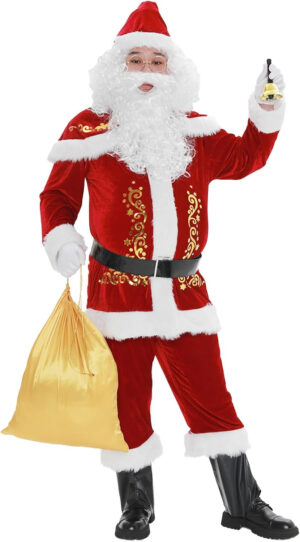 LIAWEI Disfraz de Papá Noel para Adultos Trajes de Papá Noel para Hombres 12Pcs Fiesta de Navidad Conjunto de Disfraces de Navidad Terciopelo Rojo
