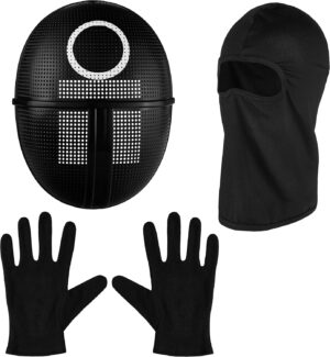 Balinco La Máscara de Juego + Pasamontañas + Guantes Negros + 1x Tarjeta de Juego para Halloween, Carnaval y Carnaval como Disfraz para Hombres y Mujeres