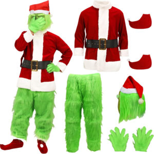 AENEY Grinch Disfraz para adultos, 7 unidades, monstruo verde, disfraz de Papá Noel, cosplay, fiesta, disfraz de carnaval para hombre y mujer