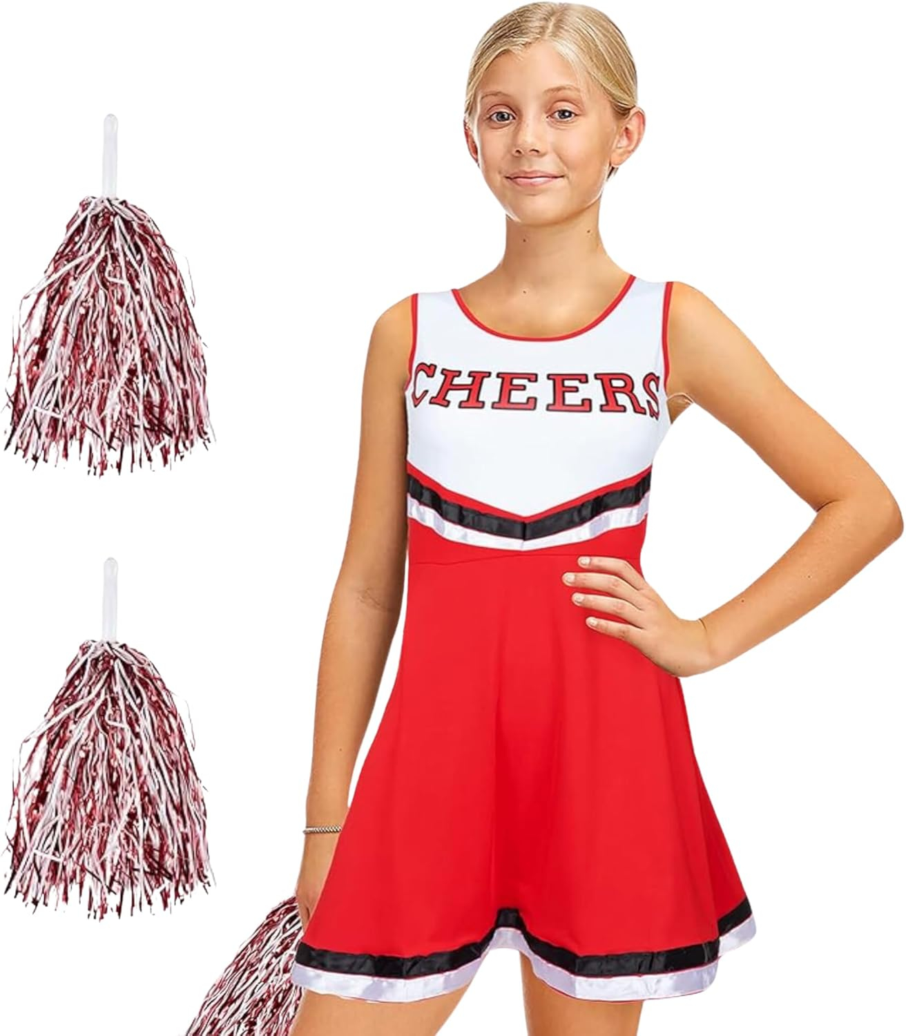 REDSTAR Zombie Cheerleader Costume for Girls with Blood-Splattered Stockings - American Cheerleader Outfit with Pom-Poms and Fake Blood Tube - Halloween Costume for Kids Parties