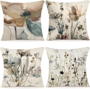 YCOLL Juego de 4 Fundas de Cojín de Lino 40x40 - Modernos Cojines de Sofá Con Pintura de Acuarela Floral - Funda de Almohada para Dormitorio y Exteriores A090
