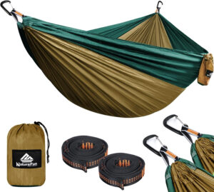 NATUREFUN Hamaca Ultraligera de Viaje Camping 300 kg, Capacidad de Carga, Transpirable, Secado rápido (300 x 200 cm) | 2 mosquetones de Calidad, 2 Correas Incluidas | para jardín Interior y Exterior