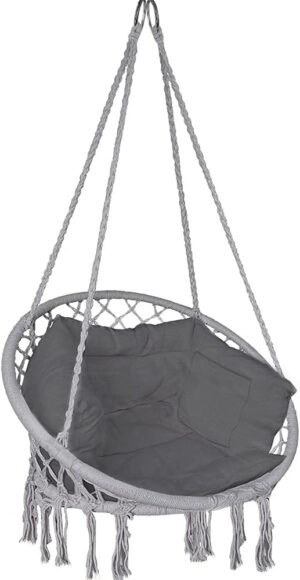 VOUNOT Silla Colgante Exterior con Flecos, Hamaca con Conjines y Kit de Suspensión, Ø80cm Silla Columpio para Interior y Exterior, Gris