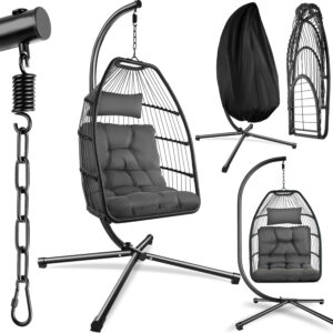 tectake® Columpio Jardín Exterior, Silla Colgante con Cojín Extragrueso, Sillón Balancín con Estructura de Acero y 4 Pies en Base, Hamaca Colgante Interior/Exterior, Plegable, Capacidad 160Kg - Gris