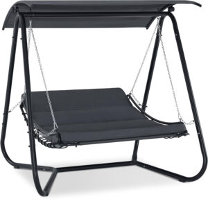 M MCombo Columpio de jardín con función reclinable, columpio para exteriores, resistente a la intemperie, columpio de jardín con toldo y cojín extragrueso, tumbona de 167 x 155 x 173 cm, 8012 (gris)