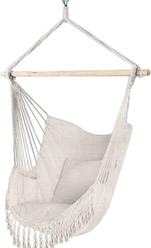 VOUNOT Silla Colgante Exterior con Flecos, Silla Hamaca Columpio de Algodón con 2 Cojines, Barra Separadora de Madera, Hamaca Portátil para Interior y Exterior, Beige