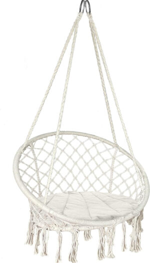 VOUNOT® Silla Colgante Exterior con Flecos, Hamaca con Conjín Redondo, Ø80cm Silla Columpio para Interior y Exterior, Beige