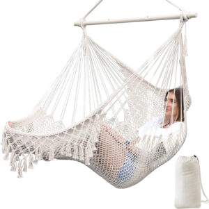 Chihee Columpios Hamaca Silla Súper Grande Silla Colgante Tejido de Cuerda de Algodón Hilado Suave Silla, Colapsable Fuerte Barra de Metal Spreader Asiento Ancho Encaje Stretch Swing Silla