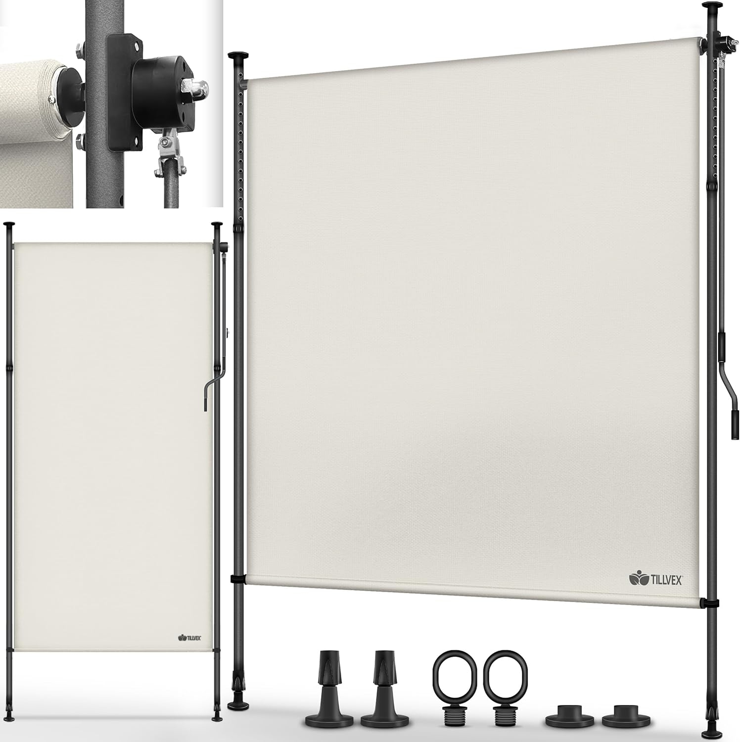 tillvex® Toldo vertical con pinza, 100 x 310 cm, color beige con manivela sin agujeros, protección visual extensible y opaca, toldo vertical para balcón, terraza, jardín, estor de protección visual