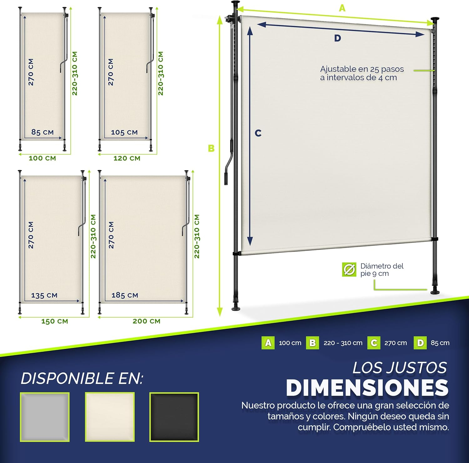 tillvex® Toldo vertical con pinza, 100 x 310 cm, color beige con manivela sin agujeros, protección visual extensible y opaca, toldo vertical para balcón, terraza, jardín, estor de protección visual - Imagen 2