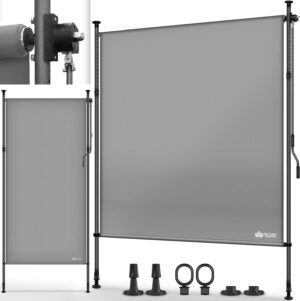 tillvex® Toldo vertical con pinza, 200 x 310 cm, gris con manivela sin agujeros, protección visual extensible y opaca, toldo vertical para balcón, terraza, jardín, estor de protección visual