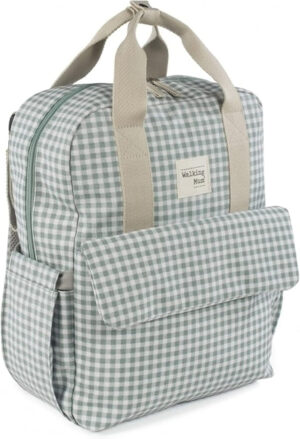 Walking Mum. Bolso Mochila I Love Vichy. Bolsa pañalera para silla de paseo. Diseño versátil con asas cortas y correas para llevar en los hombros. Color Verde. Medidas 37X28X12 cm.