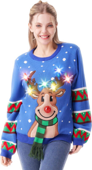 JOYIN - Jersey navideño con luces led integradas y dibujo de reno, tipo “feo” divertido, para mujer