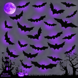 24 Unidades Murcielagos Halloween Decoracion, Luminosos 3D Pegatinas Halloween PVC Murcielagos Pegatinas Pared Decorativas con Luces LED para Interiores Puertas y Paredes Artículos Fiestas (Purpura)